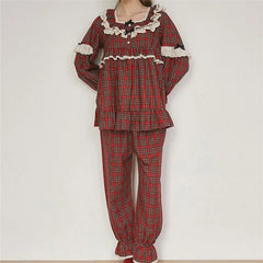 Gingham Long Sleeve Babydoll Top and Wide Leg Pants Lounge Set