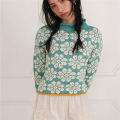 Floral Jacquard Cropped Knit Roll Neck Sweater