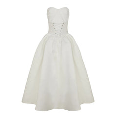 White Strapless Lace Up Midi Dress