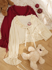 Ruffles V Neck Crop Bow Knitted Cardigan