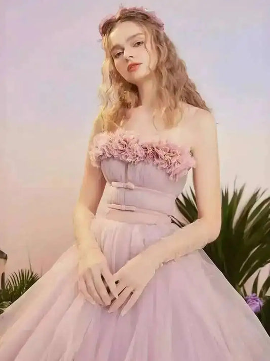 Pink 3D Flower Strapless Multi-Layer Tulle Maxi Dress
