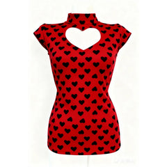 Red Heart Print Front Heart Cutout Turtleneck Top