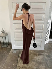 Brown Satin Tie up Backless Top And Long Skirt Set
