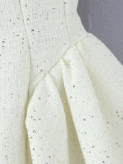 White Tweed Sparkle Bow Flare Mini Dress