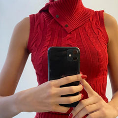 Knit Turtleneck Buttoned Tank Top With Removable Sleeve