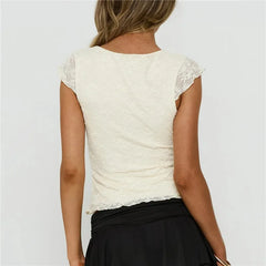 Ruffled Trim V-Neck Cap Sleeve Top