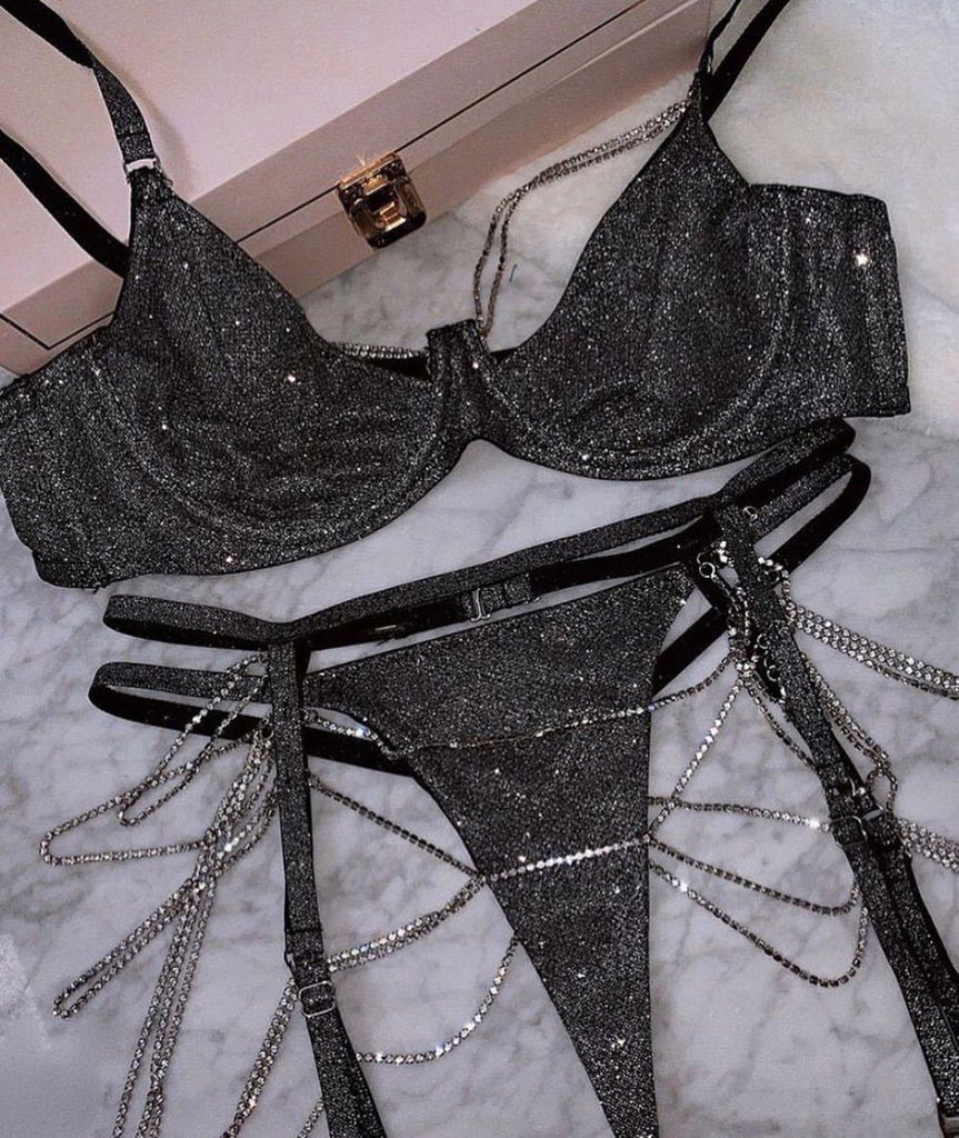 Sequin Chain Push-Up Bra And Panty Lingerie Set