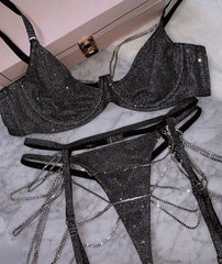 Sequin Chain Push-Up Bra And Panty Lingerie Set - Free From Label