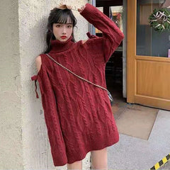 Red Cabel Knit Shoulder Hollow Out Sweater - Free From Label