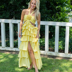 Ruffles Flowy Tiered Halter Tie Neck Maxi Dress