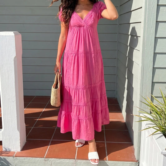 Lace Puff Sleeve V-Neck Back Tie Maxi Dress