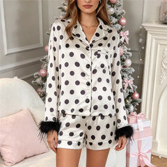 Satin Polka Dot Long Sleeve  Feather Cuff Top And Shorts Set