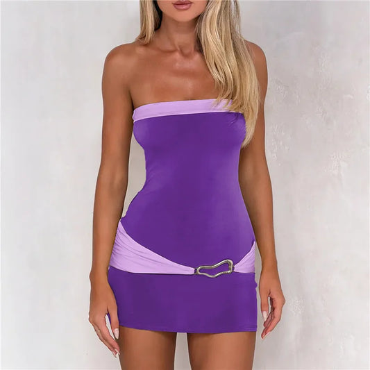 Colour Block Strapless Metal Buckle Mini Bodycon Dress