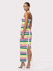 Halter Neck Colorful Striped Bandage Midi Dress