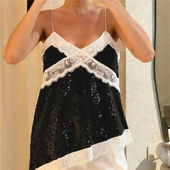 Sequin Lace Spaghetti Strap Asymmetrical Hem Top