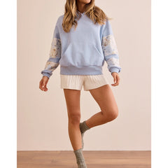 Floral Embroidered Patchwork Sleeve Hoodie Sweatshirt