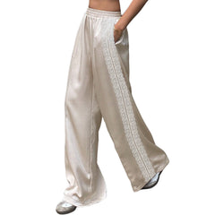 Satin Lace Trim Elastic Waist Wide Leg Pants