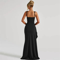 Square Neck Strap Thigh High Split Draped Long Dress
