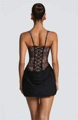 Lace Corset Square Neck Ruched Satin Bodycon Short Dress
