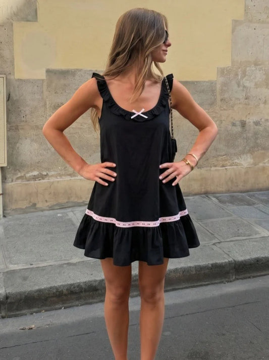 Bow Tie Sleeveless Trim Babydoll Mini Dress