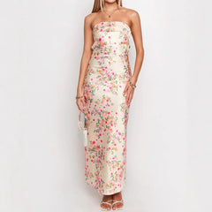 Woman wearing a strapless floral dress 