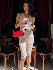 White Polka Dot Rose Applique Halter Top And Mesh Capri Pants Set