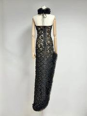 Lace Halter Neck Fur Trim Patchwork Side Split Midi Dress