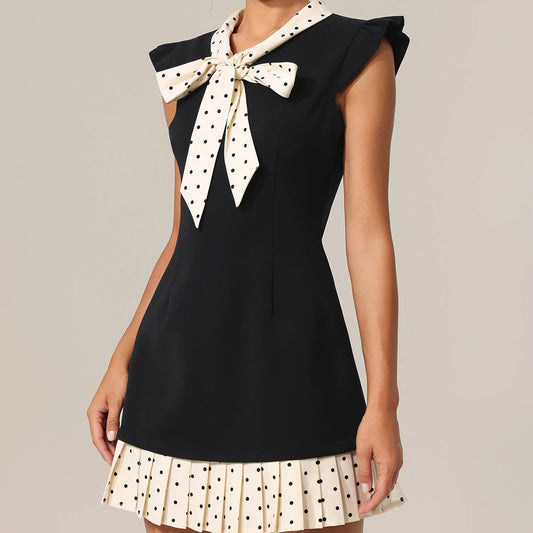 Ribbon V-Neck Pleated Hem Dotted Patchwork Mini Dress