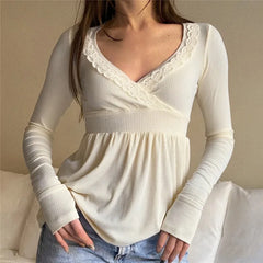 Peplum V-Neck Lace Trim Long Sleeve Top