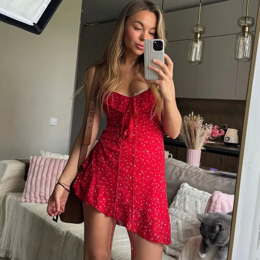 Red Polka Dot Ruffle Strap Mini Dress
