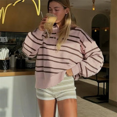 Pink Knit Brown Striped Half Button Long Sleeve Jumper Top