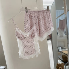 Pink Polka Dot Lace Patchwork Pyjamas Two Piece Set