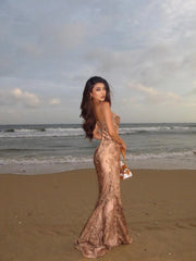 Brown Printed Satin Strappy Maxi Dress