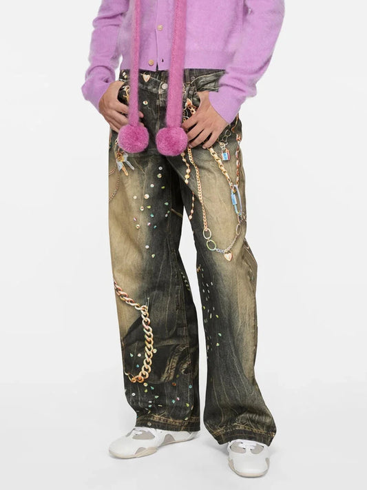 Gradient Wash Rivet Accent Wide Leg Jeans