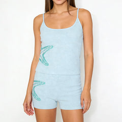 Blue Knitted Starfish Cami Top and Shorts Set