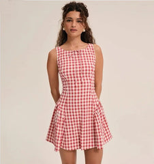 Plaid Print O-neck Sleeveless Mini Dress