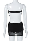 Black Mesh Belted Strapless Tube Top And Mini Skirt Set