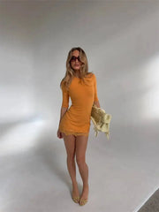 Round Neck Half Sleeve Bodycon Lace Trim Mini Dress