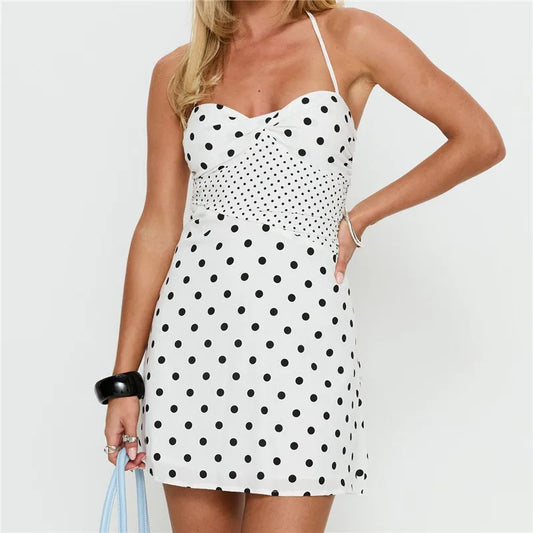 White Polka Dot Halter Mini Dress