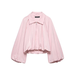 Short Pink Balloon Sleeve Bomber Pleated Zipper Jacket