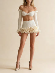 White Long Sleeve Crop Top And Ruffle Trim Mini Skirt Set