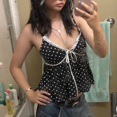 Lace Trim Polka Dot Babydoll Top