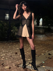 Black Sheer Layer V-neck Embroidery Ruffled Hem Mini Dress