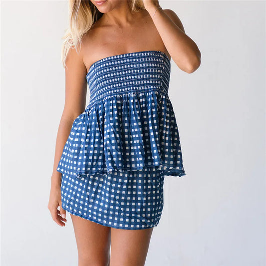 Plaid Peplum Tube Top And Mini Skirt Set