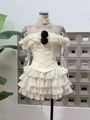 Off-shoulder Frill Rose Corset Top And Polka Dot Ruffle Mini Sirt Set