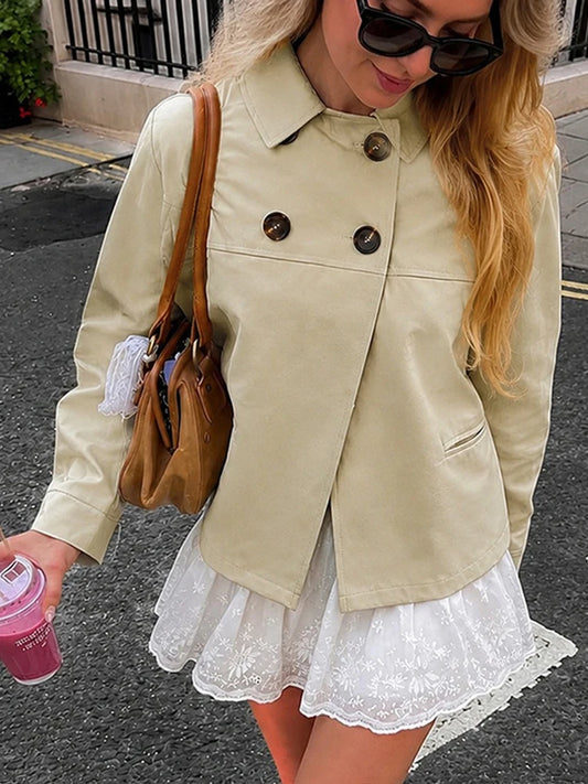 Khaki Double Breasted Side Pocket Cropped Jacket