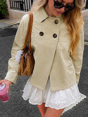Khaki Double Breasted Side Pocket Cropped Jacket