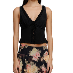 Black ruffled top with floral skirt 