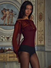 Wine Red Chiffon Sheer Long Sleeve Top