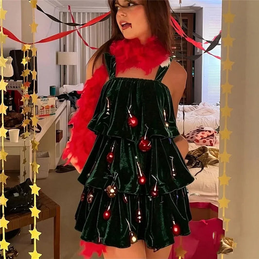 Christmas Tree Velvet Sleeveless Tiered Mini Dress